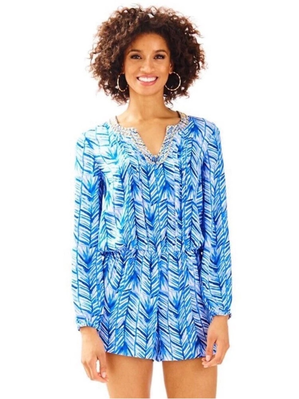 Lilly Pulitzer Colby Romper Lapis Blue Costa Verde Long Sleeve Swim Coverup Med